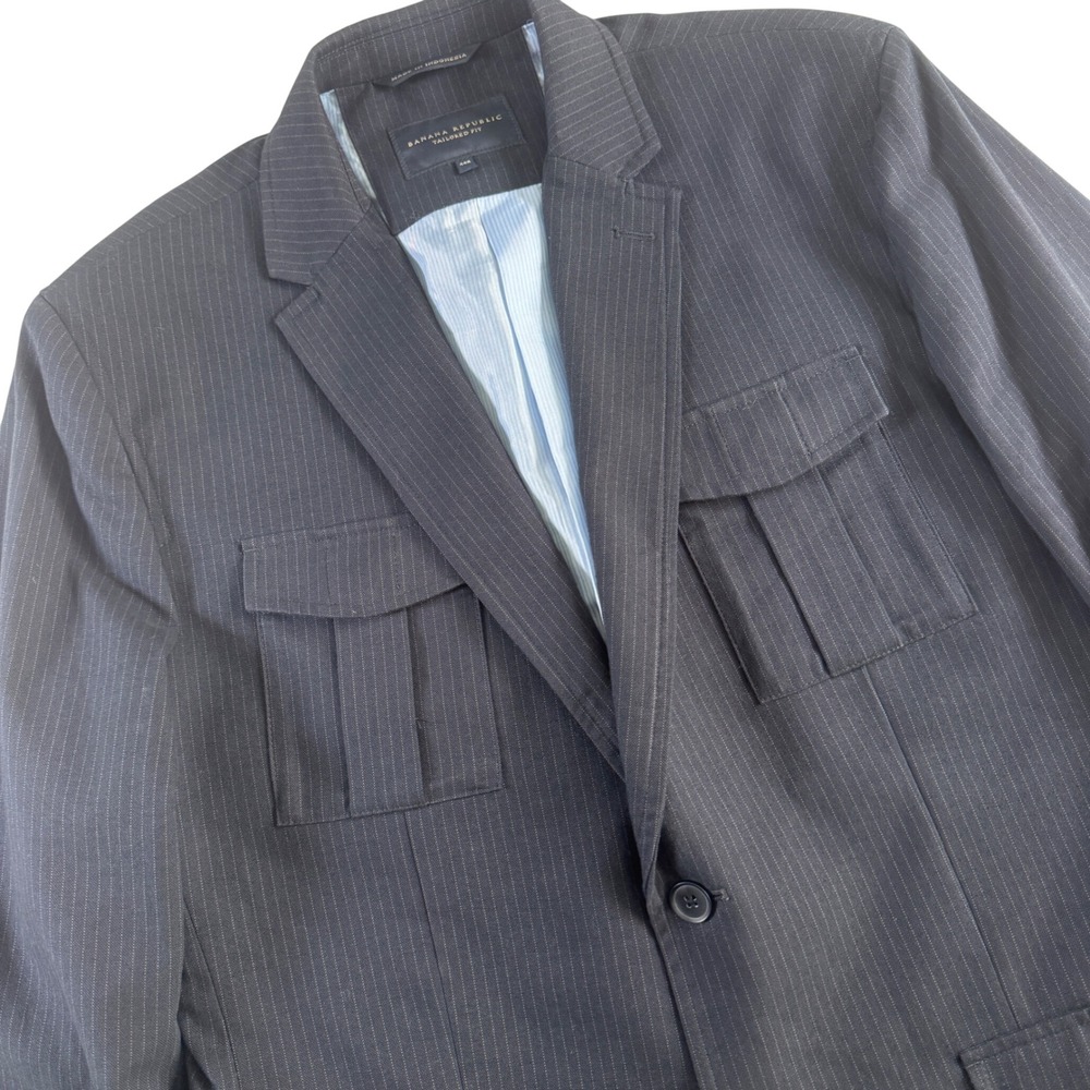 Banana Republic Tailored Fit Blazer Mens 44R Navy Pinstripe Safari Pocket Jacket